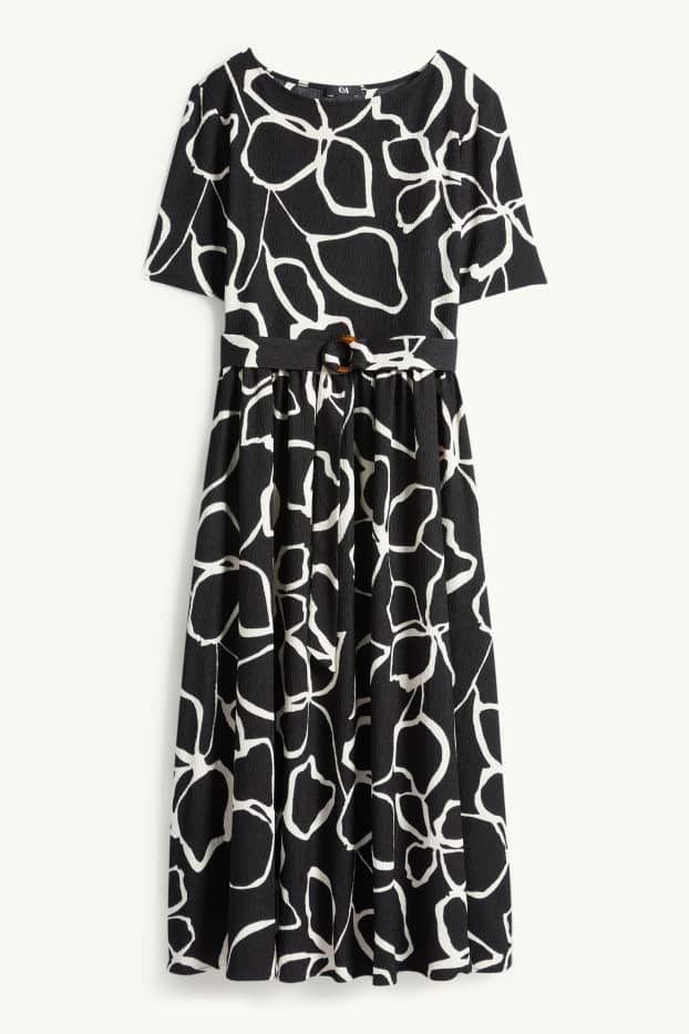 Dames - Fit & flare-jurk met ceintuur - gebloemd - met structuur - zwart / wit
