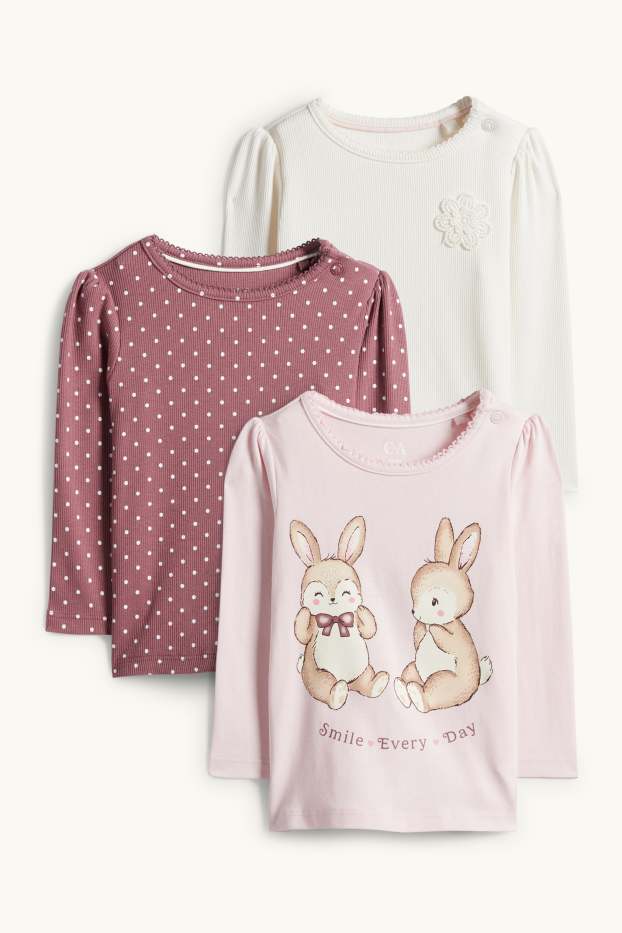 Baby Mädchen - Multipack 3er - Häschen und Blümchen - Baby-Crochet-Langarmshirt - cremeweiß