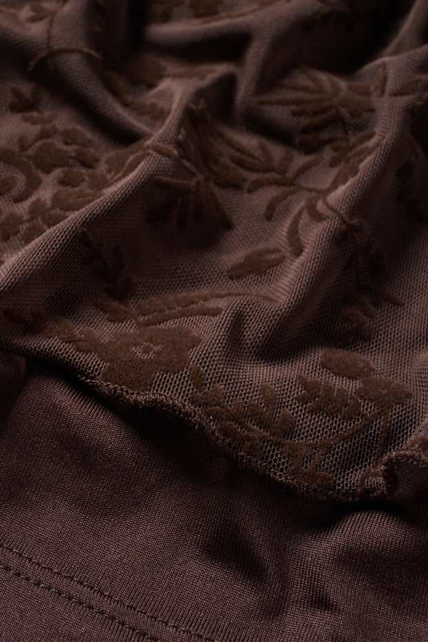 Dámské - Souprava - krátké tričko s dlouhým rukávem a top - slim fit - s květinovým vzorem - tmavohnědá