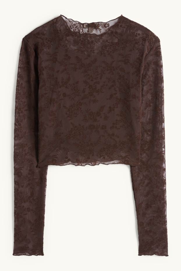 Dámské - Souprava - krátké tričko s dlouhým rukávem a top - slim fit - s květinovým vzorem - tmavohnědá