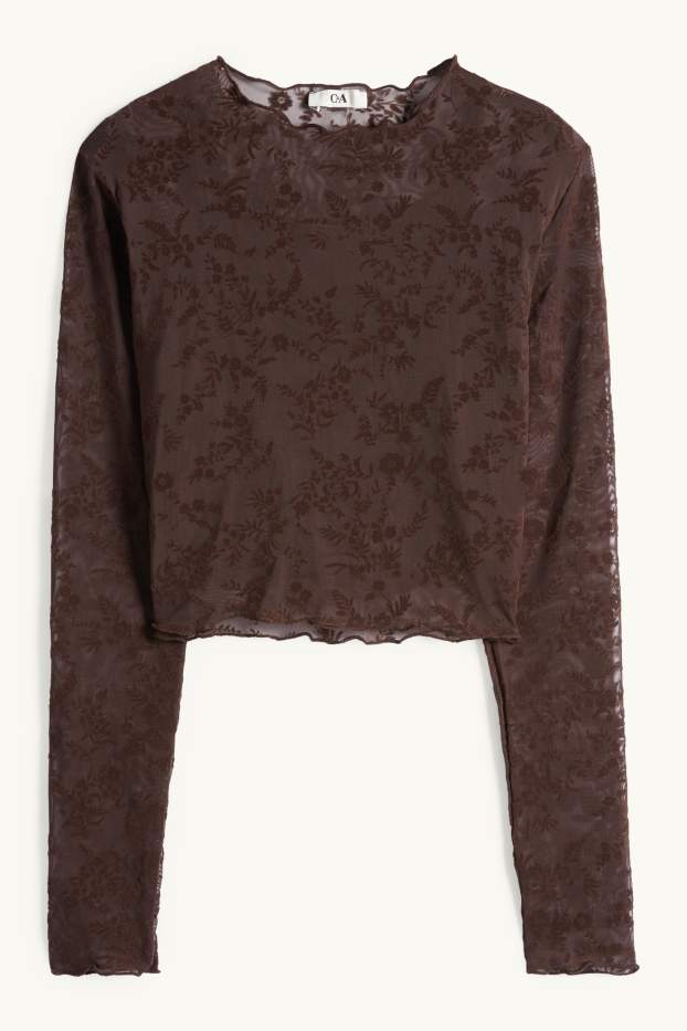 Dámské - Souprava - krátké tričko s dlouhým rukávem a top - slim fit - s květinovým vzorem - tmavohnědá