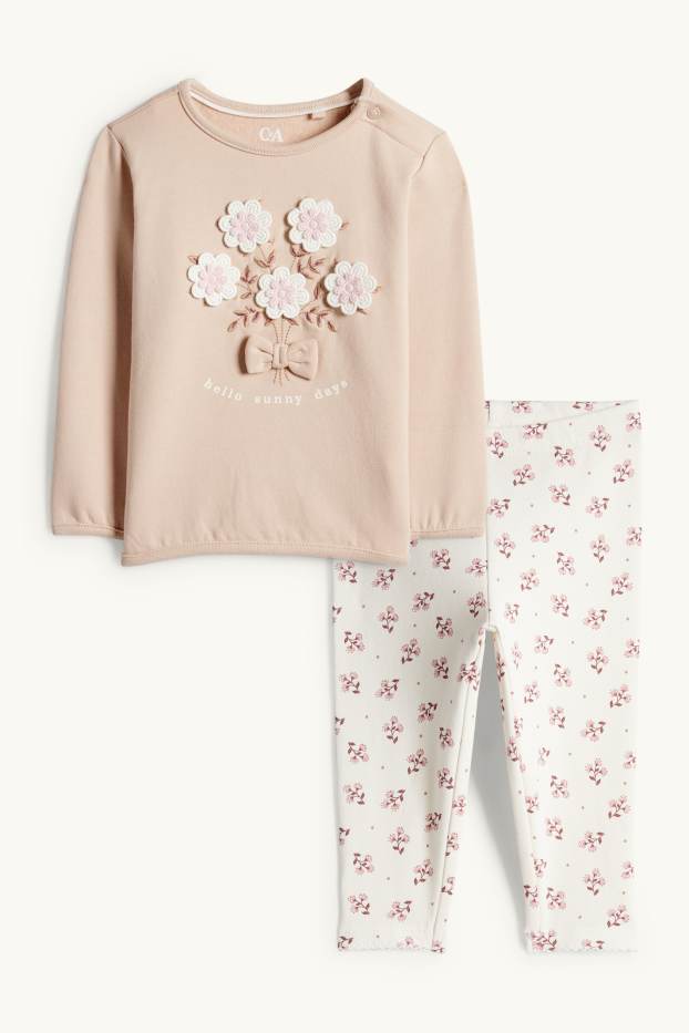 Bebeluși - fete - Floricele - compleu bebeluși, cu aplicații croșetate - 2 piese - bej deschis