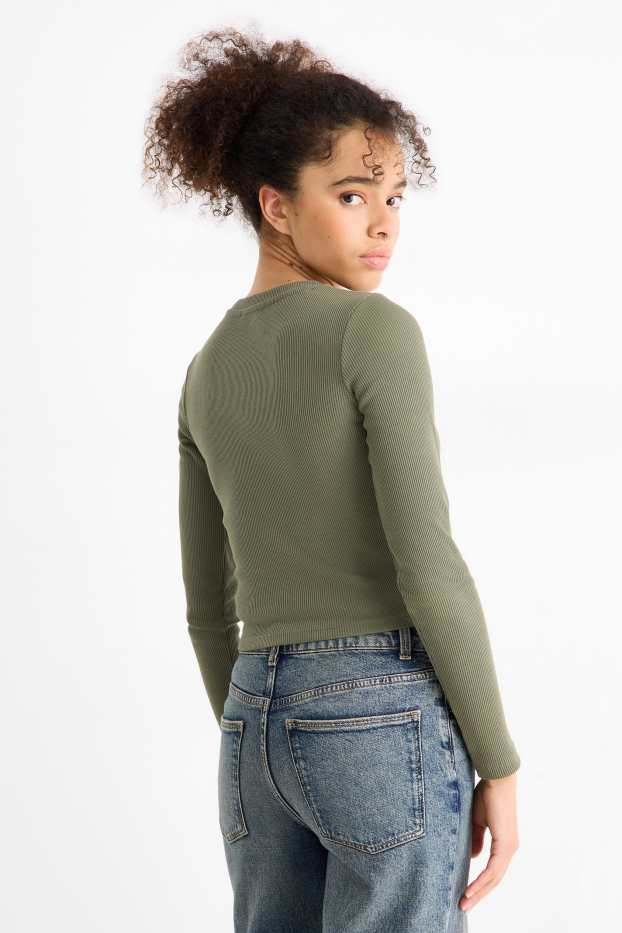 Dámské - Krátké tričko s dlouhým rukávem - slim fit - žebrované - khaki