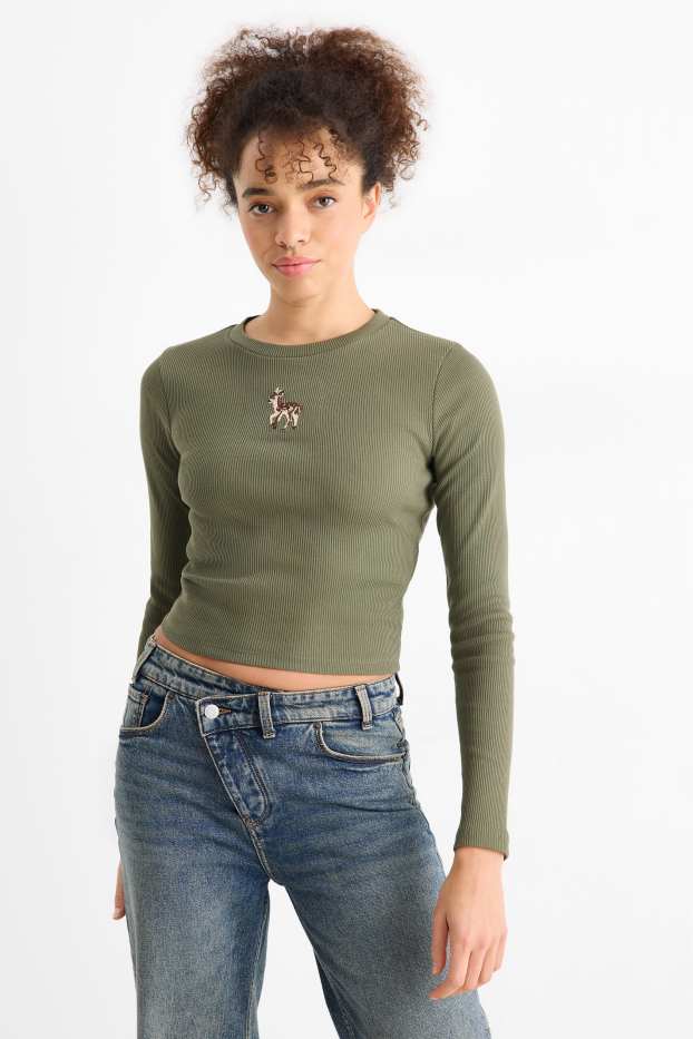 Dámské - Krátké tričko s dlouhým rukávem - slim fit - žebrované - khaki