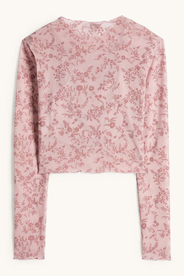 Dámské - Souprava - krátké tričko s dlouhým rukávem a top - slim fit - s květinovým vzorem - růžová