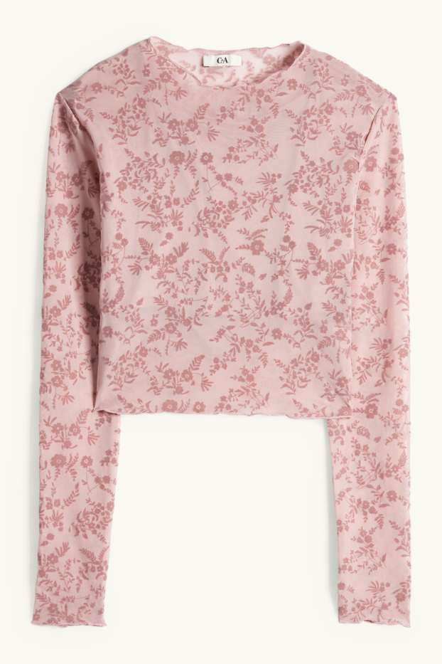 Dámské - Souprava - krátké tričko s dlouhým rukávem a top - slim fit - s květinovým vzorem - růžová