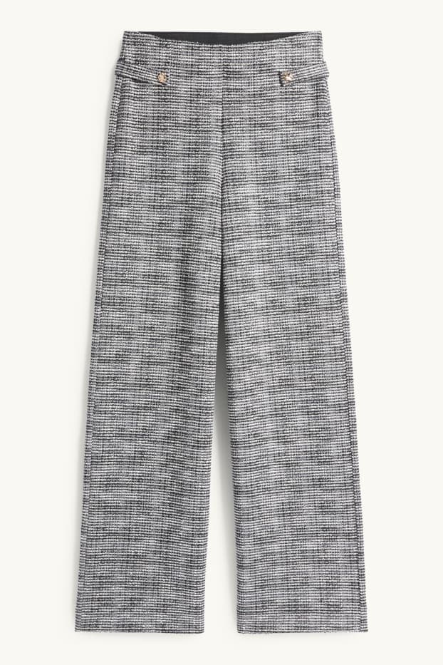 Dames - Bouclé broek - mid waist - wide leg - zwart / wit