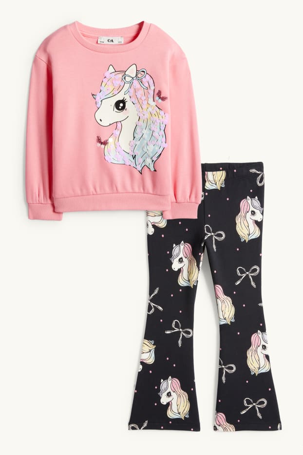 Enfants filles - Poney - ensemble - sweat et flared leggings - 2 pièces - noir / rose