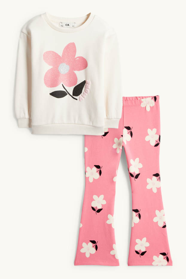 Kinderen: meisjes - Bloemen - set - sweatshirt en flared legging - 2-delig - fuchsiarood