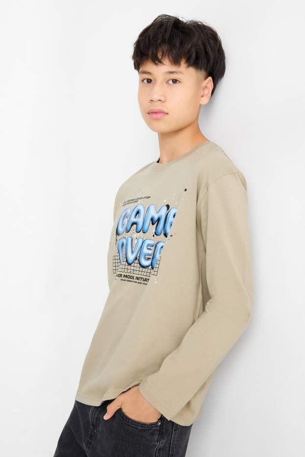 Kinderen: jongens - Set van 3 - skater en gaming - longsleeve - beige / blauw