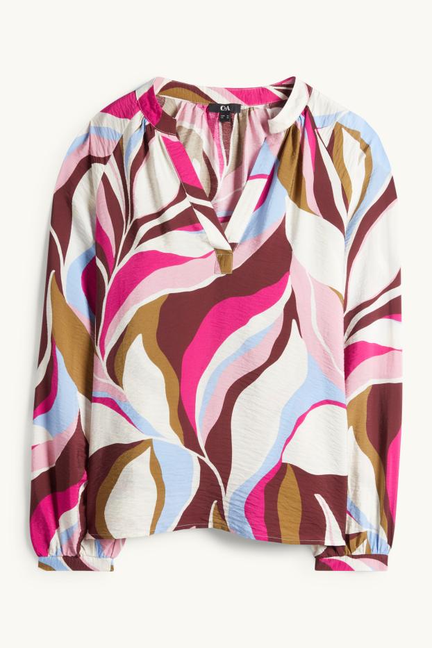 Donna - Blusa con scollo a V - fantasia - marrone / fucsia