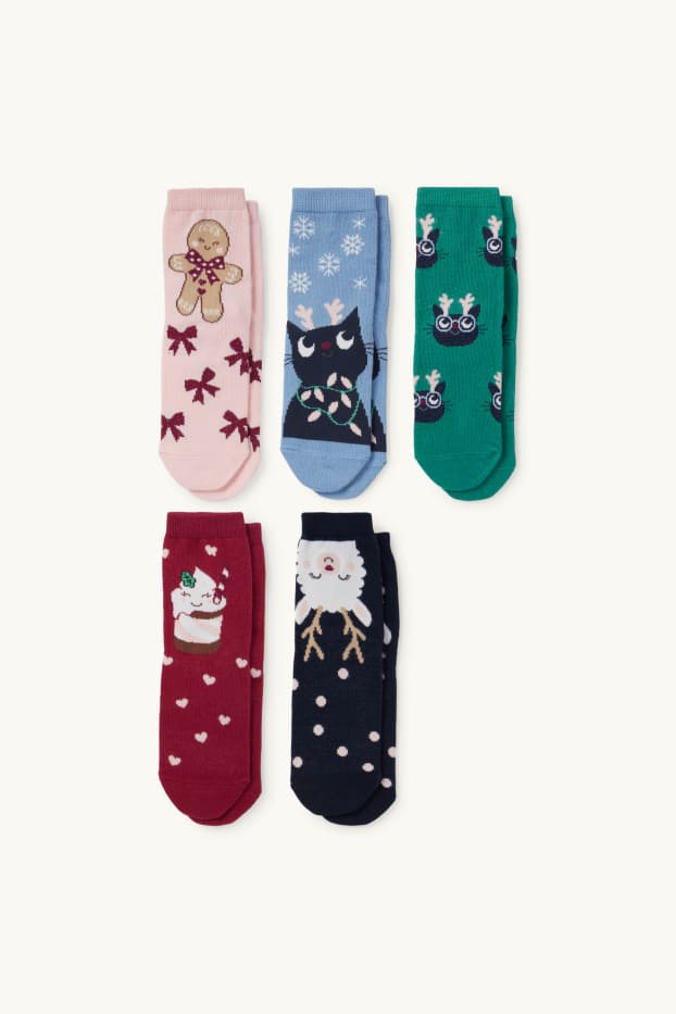 Enfants filles - Lot de 5 paires - animaux - chaussettes de Noël à motif - vert / bleu foncé
