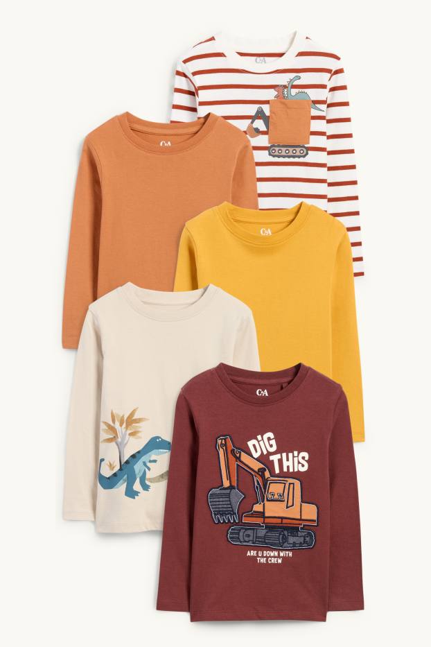 Nen - Paquet de 5 - dinosaure i excavadora - samarreta de màniga llarga - marró fosc