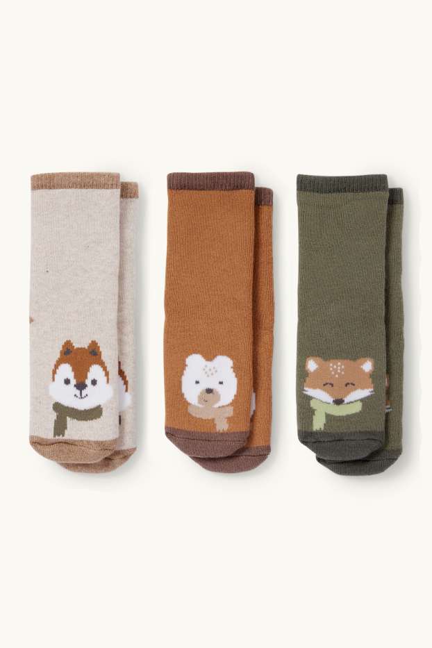 Bébés garçons - Lot de 3 - animaux sauvages - chaussettes antidérapantes pour bébé - hiver - marron / vert