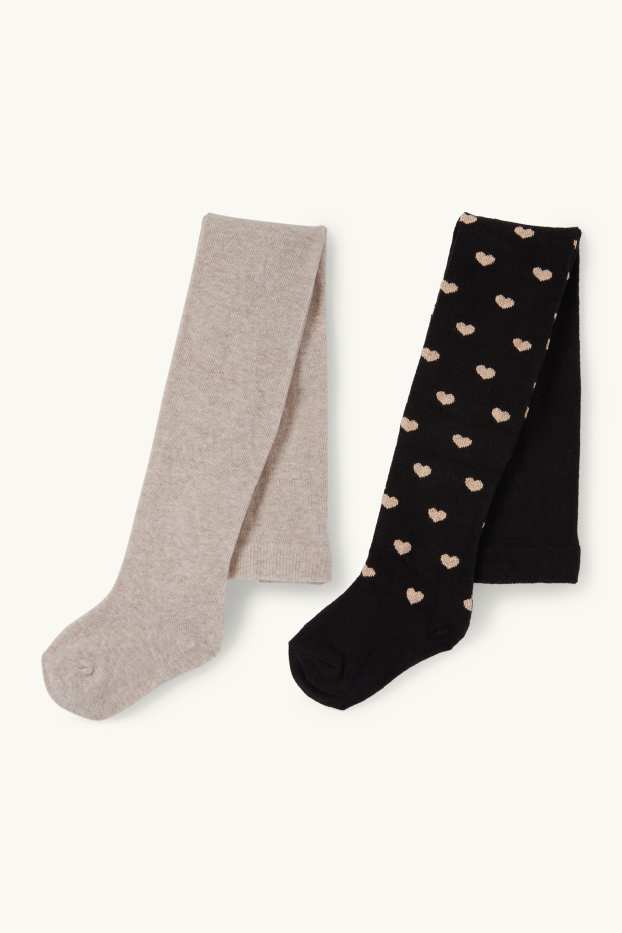 Enfants filles - Lot de 2 - cœurs - collants - noir / beige