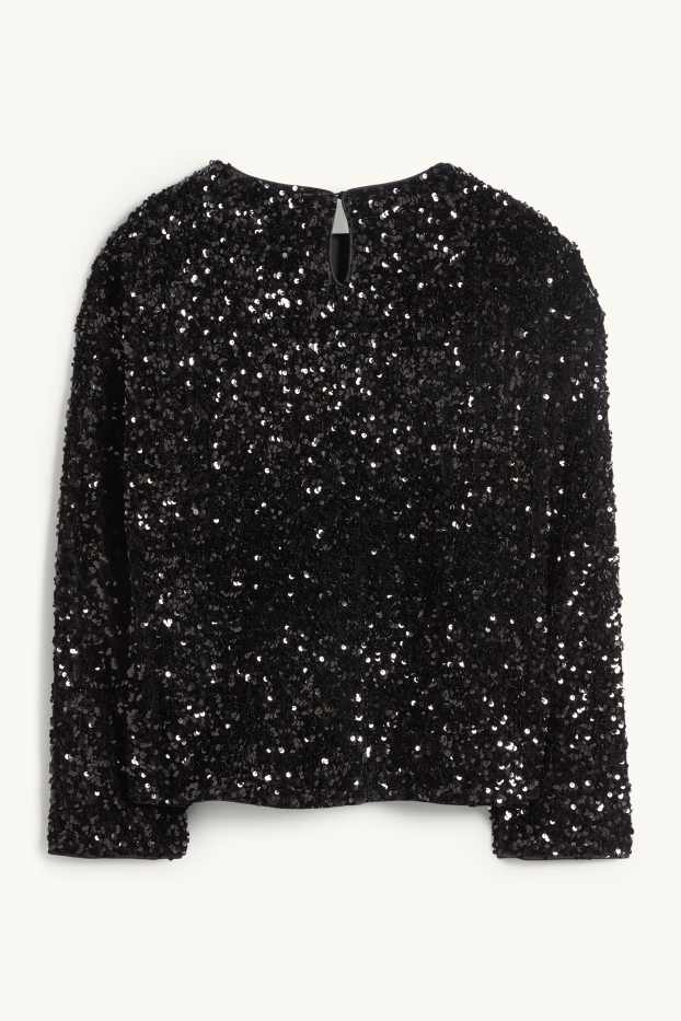 Damen - Pailletten-Langarmshirt - Regular Fit - schwarz