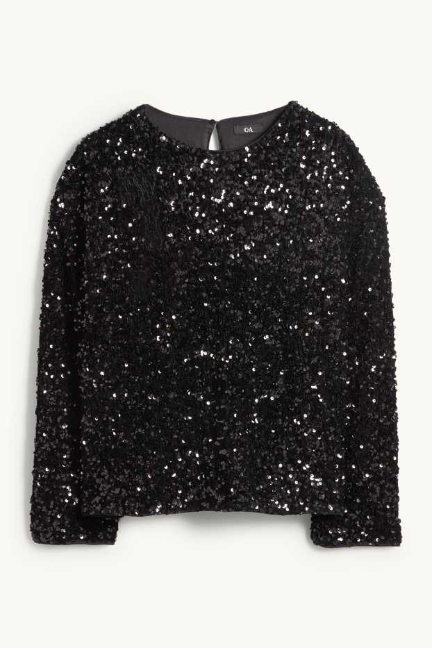 Damen - Pailletten-Langarmshirt - Regular Fit - schwarz