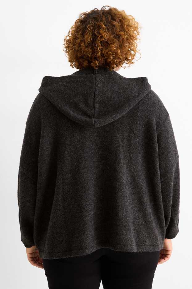 Dámské - Pletený kardigan s kapucí - tmavošedá