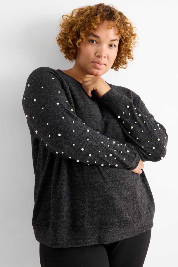 Damen - Sweatshirt mit Perlen - dunkelgrau