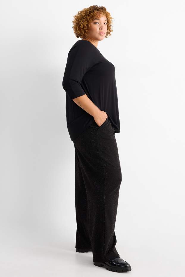 Dona - Pantalons - high waist - wide leg - efecte brillant - negre