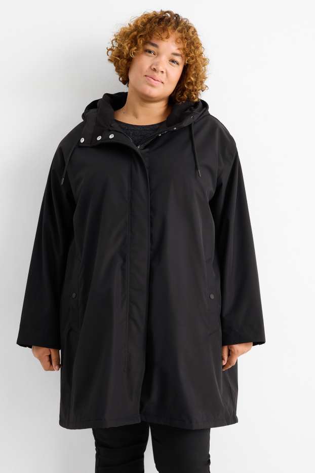 Femmes - Parka de pluie avec capuche - rembourrée - imperméable - noir