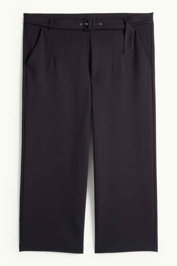Dámské - Žerzejové kalhoty s páskem - high waist - wide leg - černá