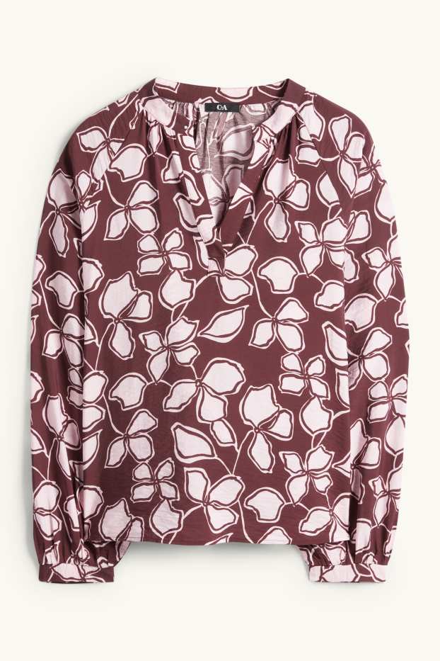 Women - V-neck blouse - floral - brown / rose