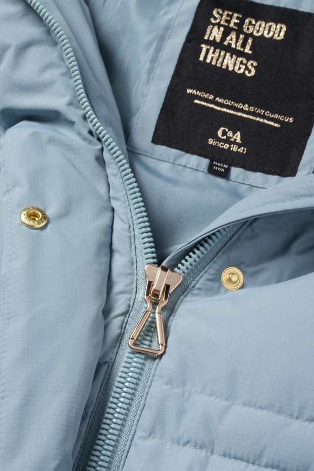 Enfants filles - Doudoune en duvet avec capuche et garniture en imitation fourrure - bleu clair