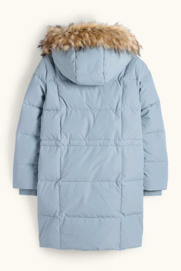 Enfants filles - Doudoune en duvet avec capuche et garniture en imitation fourrure - bleu clair