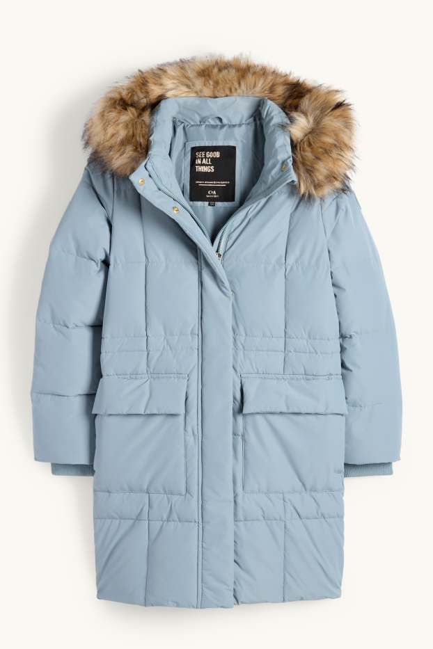 Enfants filles - Doudoune en duvet avec capuche et garniture en imitation fourrure - bleu clair