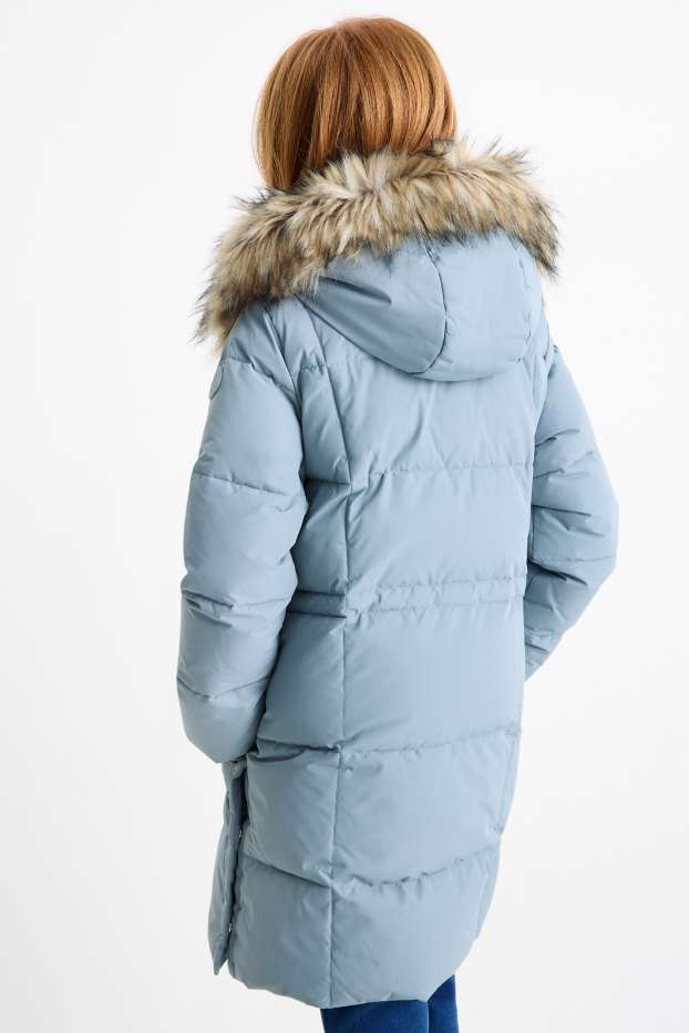Enfants filles - Doudoune en duvet avec capuche et garniture en imitation fourrure - bleu clair