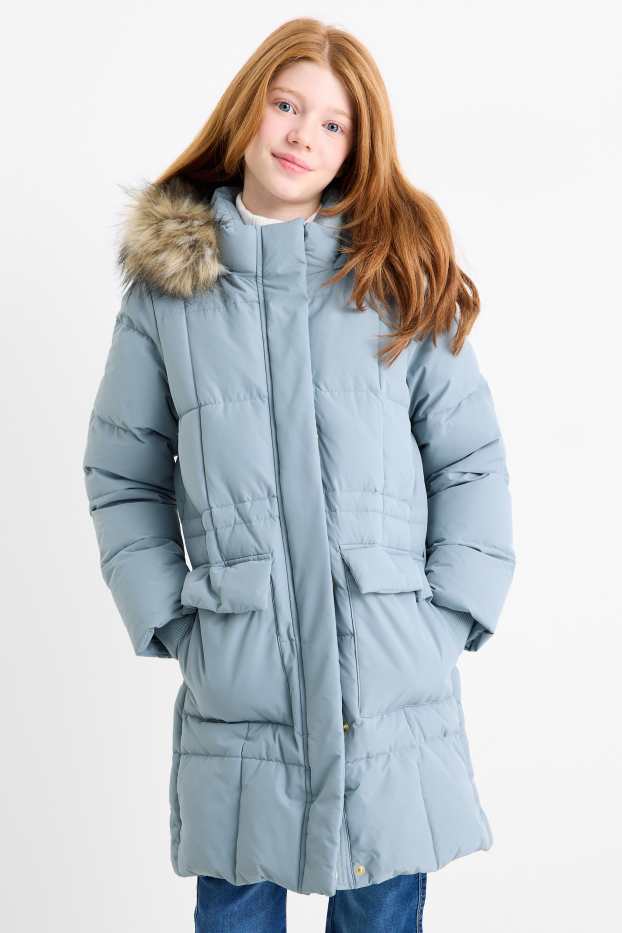 Enfants filles - Doudoune en duvet avec capuche et garniture en imitation fourrure - bleu clair