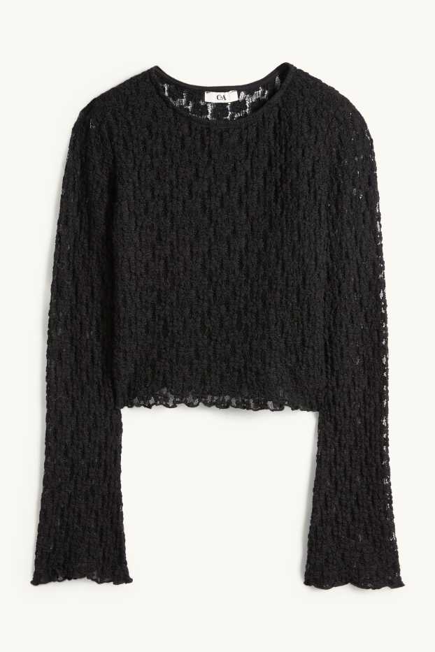 Femmes - Haut court à manches longues à dentelles - slim fit - noir