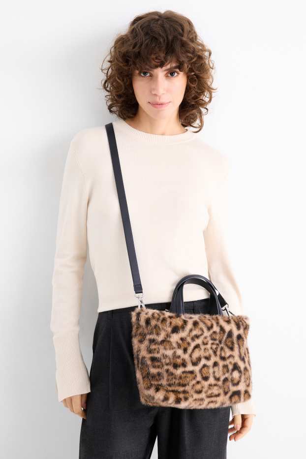 Dames - Kleine shopper van imitatiebont, met afneembare draagriem. - zwart / beige