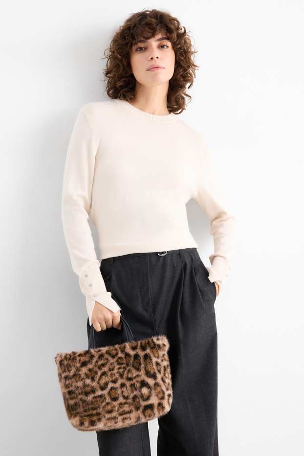 Dames - Kleine shopper van imitatiebont, met afneembare draagriem. - zwart / beige