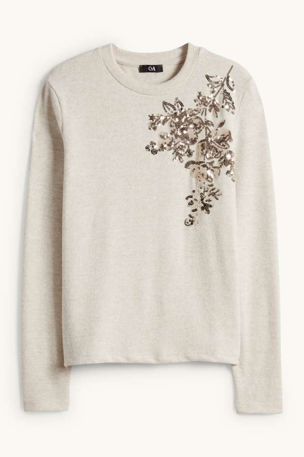 Women - Long sleeve top - regular fit - shiny - beige