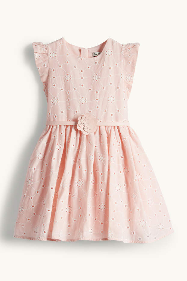 Enfants filles - Fleurs - robe à ceinture - broderie anglaise - festive - rose