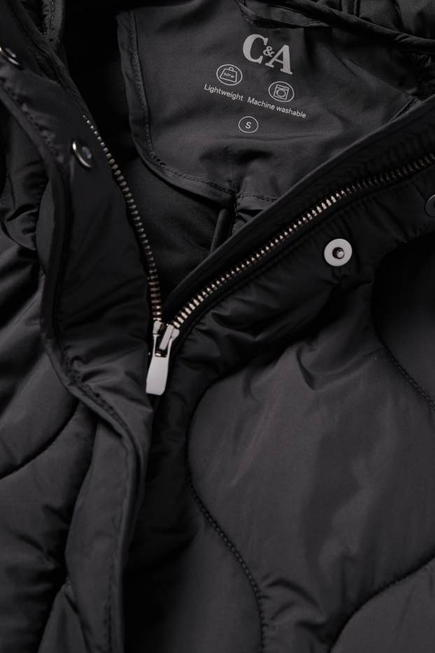 Femei - Palton matlasat cu glugă - negru