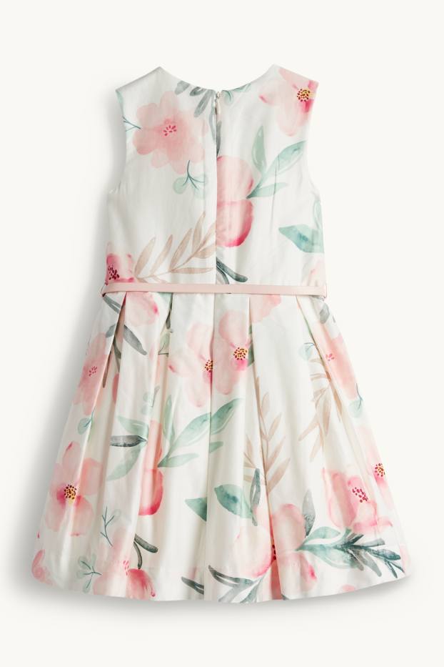 Enfants filles - Fleurs - robe à ceinture - style festif - blanc