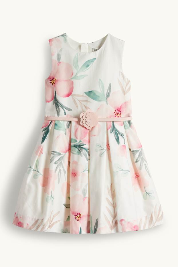 Enfants filles - Fleurs - robe à ceinture - style festif - blanc