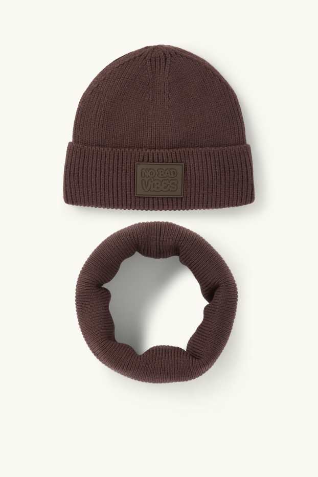 Kinder Jungen - Set - Mütze und Loop Schal - 2 teilig - gerippt - dunkelbraun