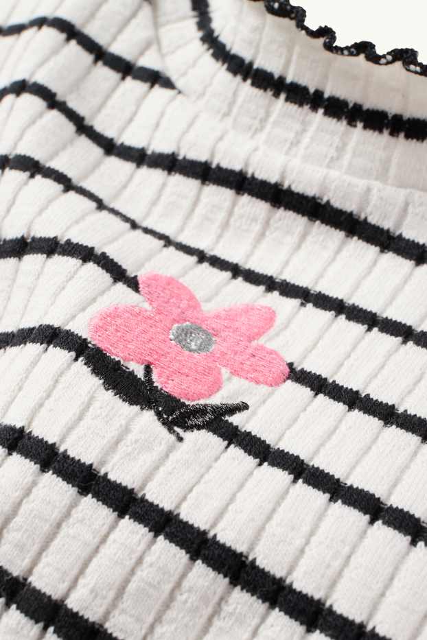 Děti - dívky - Květina - tričko s dlouhým rukávem - žebrované - pruhované - černá/bílá