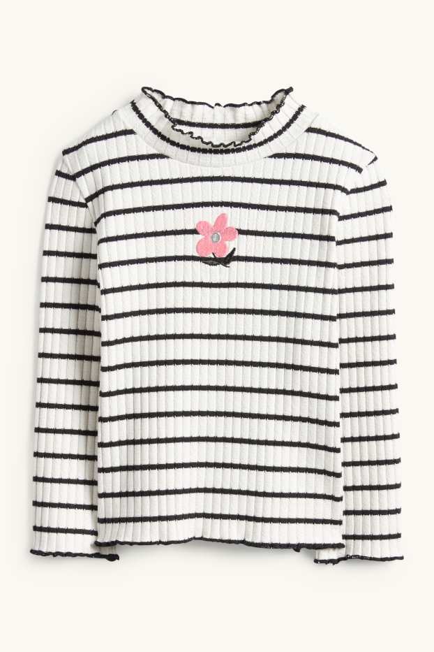 Děti - dívky - Květina - tričko s dlouhým rukávem - žebrované - pruhované - černá/bílá