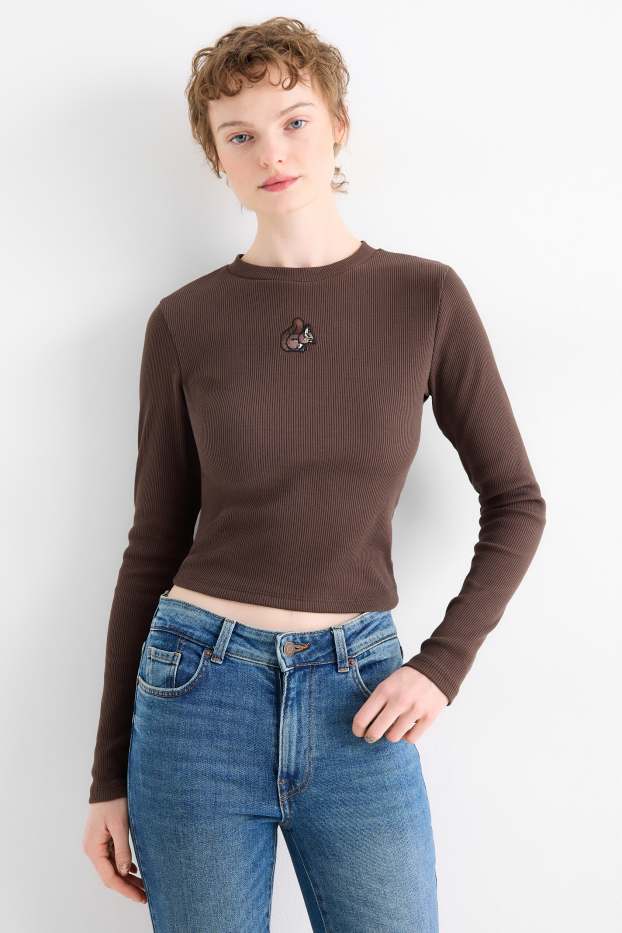 Dames - Korte longsleeve - slim fit - ribstof - donkerbruin