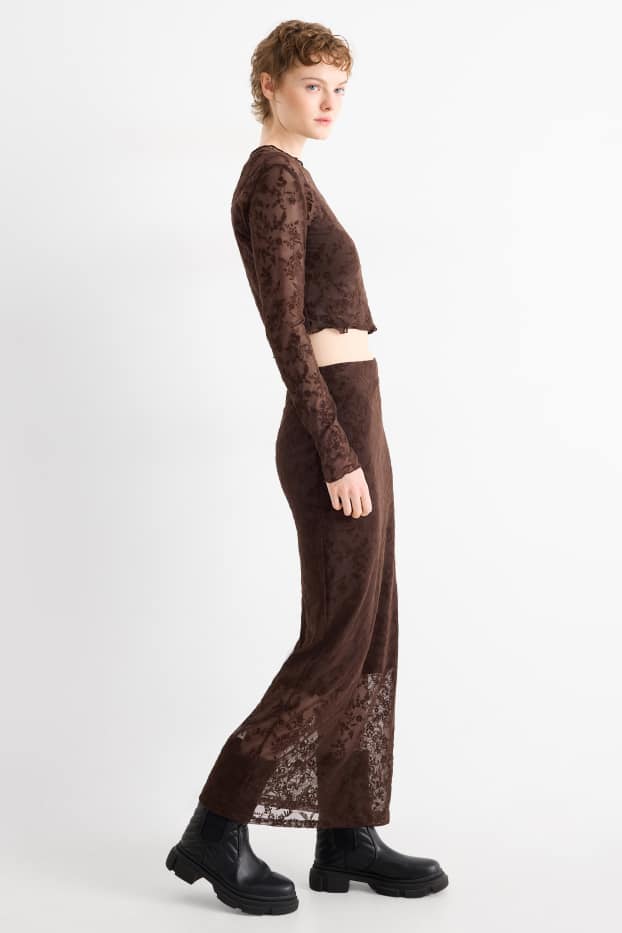 Femmes - Jupe en maille-filet - à fleurs - marron foncé