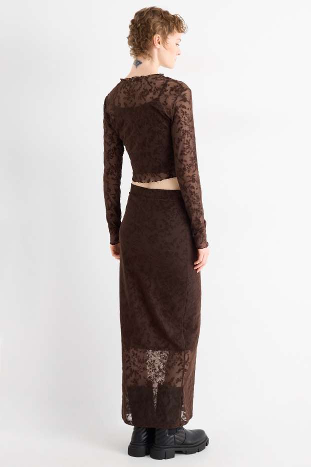 Femmes - Jupe en maille-filet - à fleurs - marron foncé