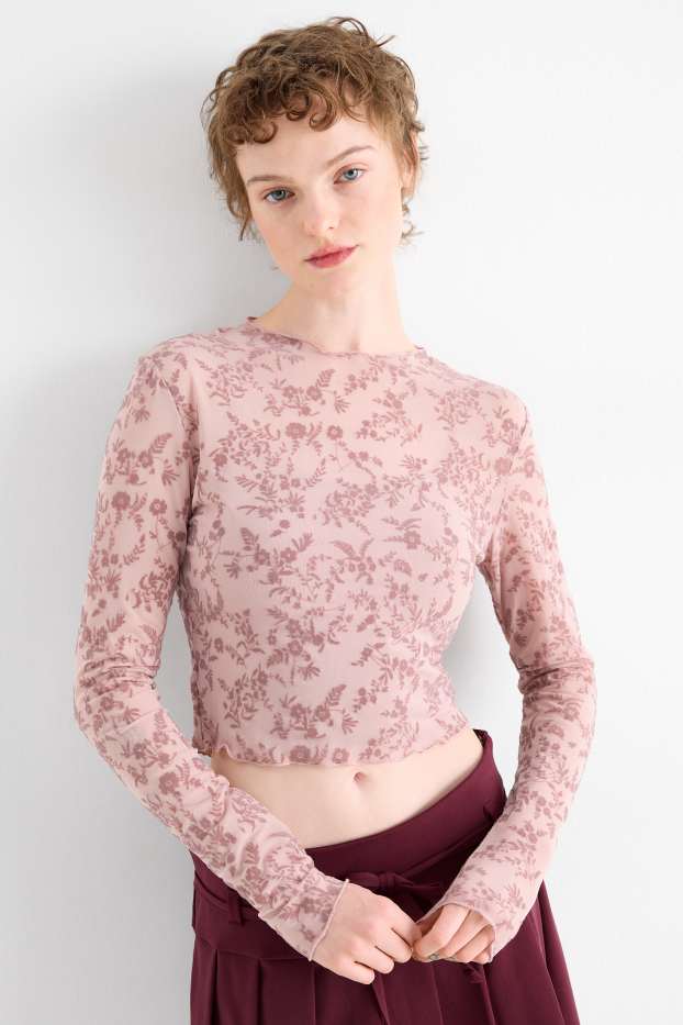 Dámské - Souprava - krátké tričko s dlouhým rukávem a top - slim fit - s květinovým vzorem - růžová