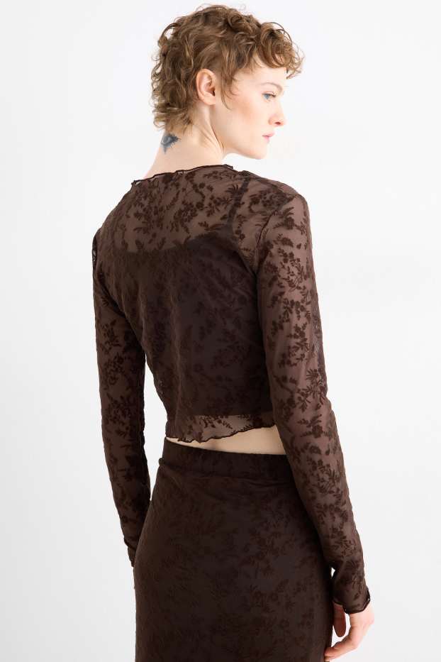 Dámské - Souprava - krátké tričko s dlouhým rukávem a top - slim fit - s květinovým vzorem - tmavohnědá