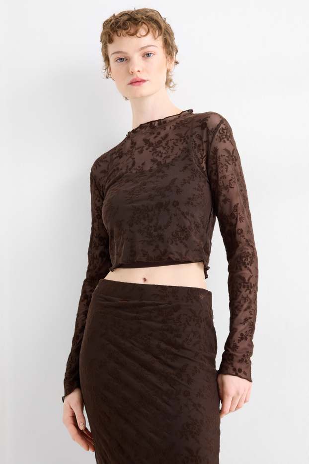 Dámské - Souprava - krátké tričko s dlouhým rukávem a top - slim fit - s květinovým vzorem - tmavohnědá