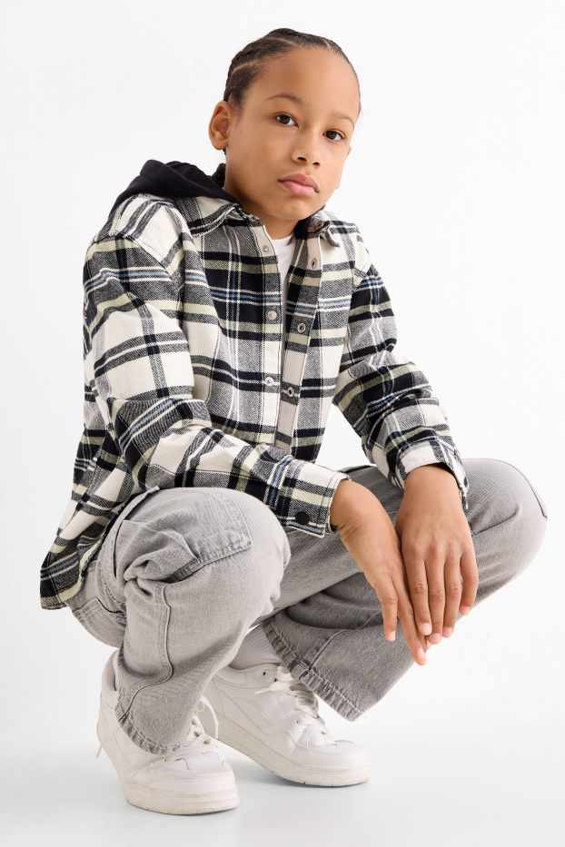 Enfants garçons - Veste-chemise en flanelle avec capuche - à carreaux - noir / beige